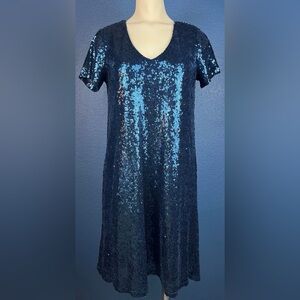 NWOT Melrose and Market Sequin Dress Dark Blue Short Sleeve V Neck